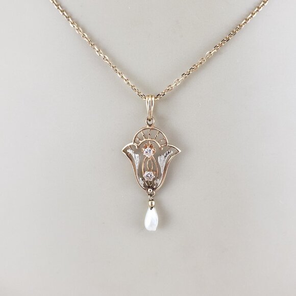 14K Yellow & White Gold Seed Pearl and Diamond Pendant #19432 - Picture 8 of 8